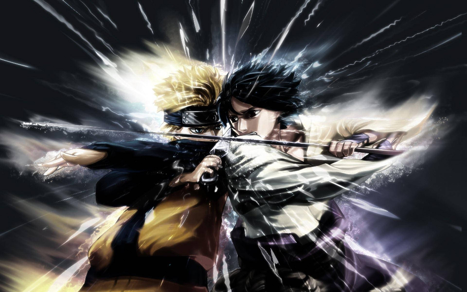 Sasuke Vs Naruto 桌布 壁紙 — 兩位動漫戰士在黑暗背景下，劍刃交鋒，迸發出動態的光與能量。