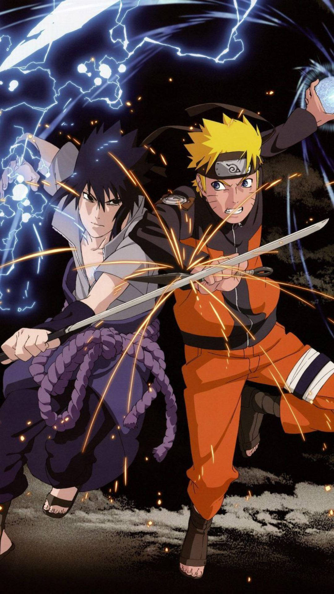 sasuke uchiha 桌布 壁紙 — 兩位動漫戰士在黑暗風暴背景下，伴隨著劈啪作響的閃電和飛濺的火花交鋒。