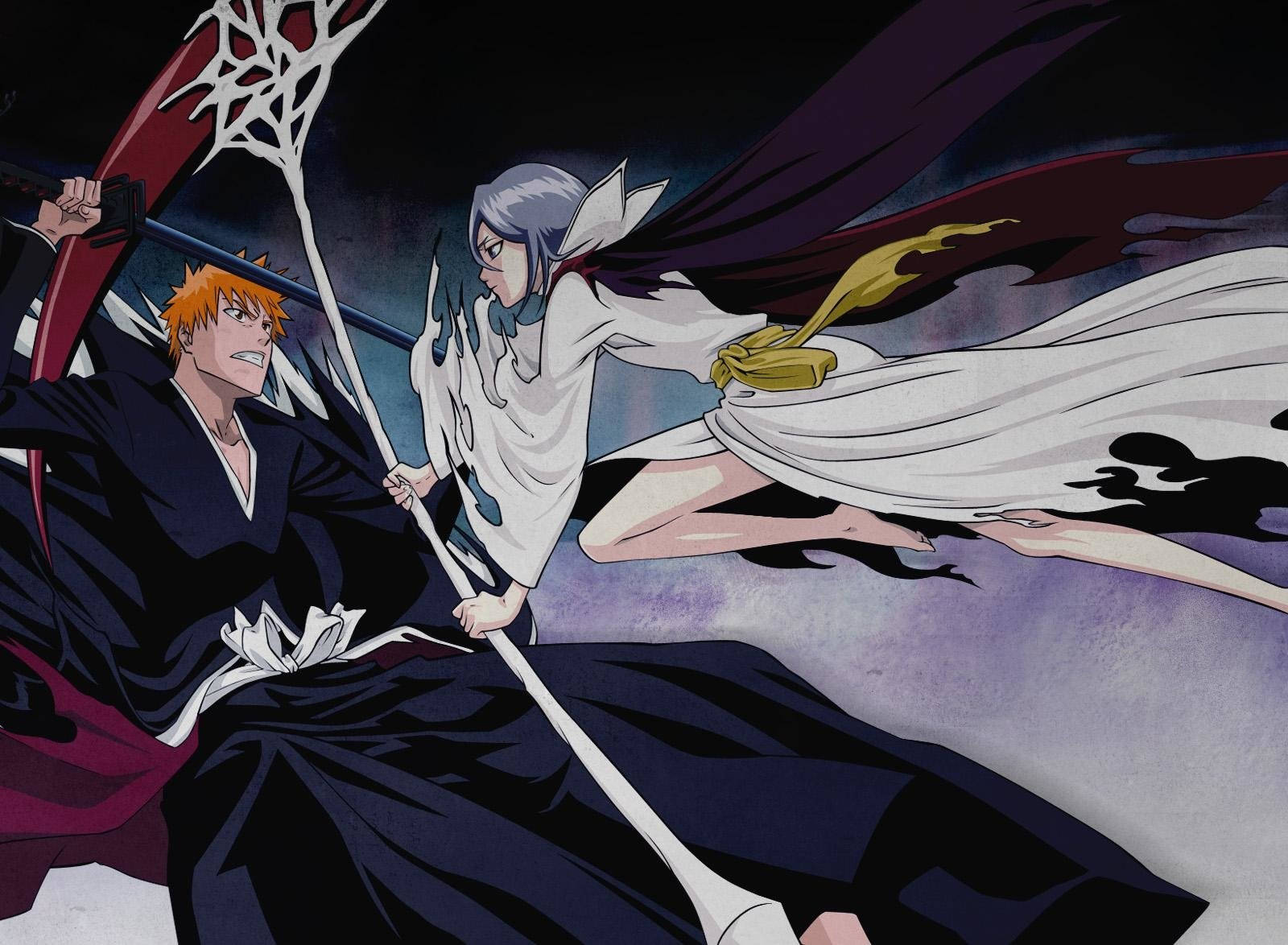 Ichigo Kurosaki 桌布 壁紙 — 兩位動漫戰士在黑暗風暴背景下，身穿飄逸長袍、手持發光劍，展開動態戰鬥場景。
