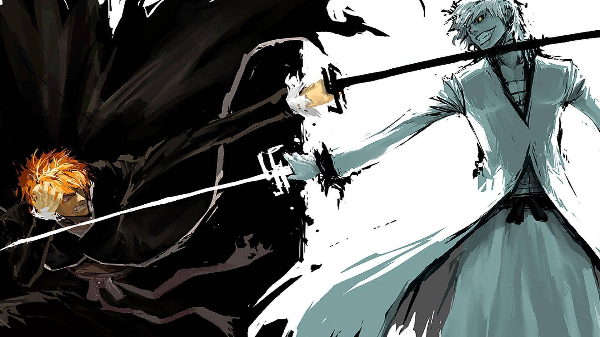 死神 桌布 壁紙 — 兩位動漫戰士在黑白背景下拔劍交鋒，形成高對比度的戰鬥場景。