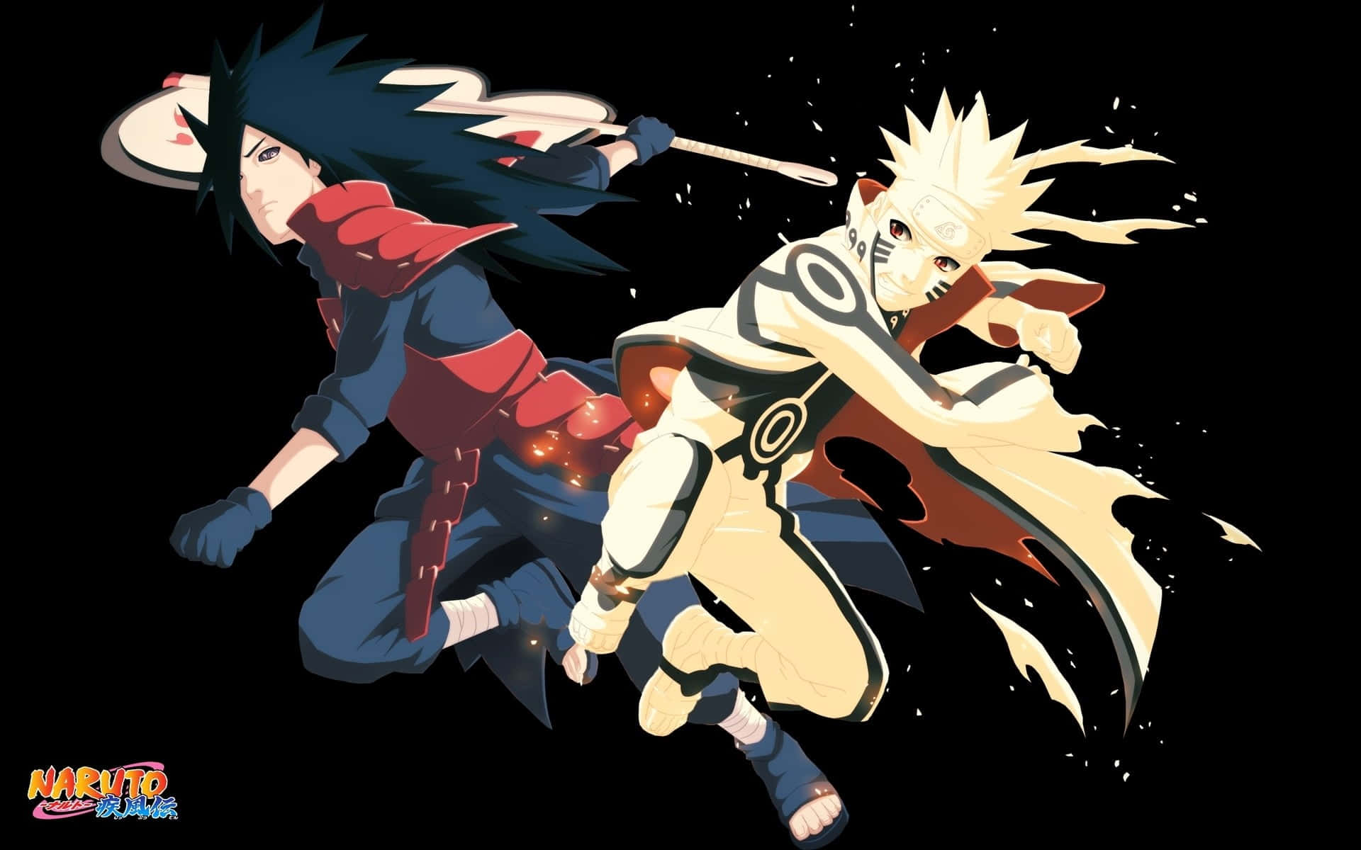 Naruto Black 桌布 壁紙 — 兩位動漫戰士在黑色背景上動態碰撞，帶有運動線條和發光效果。