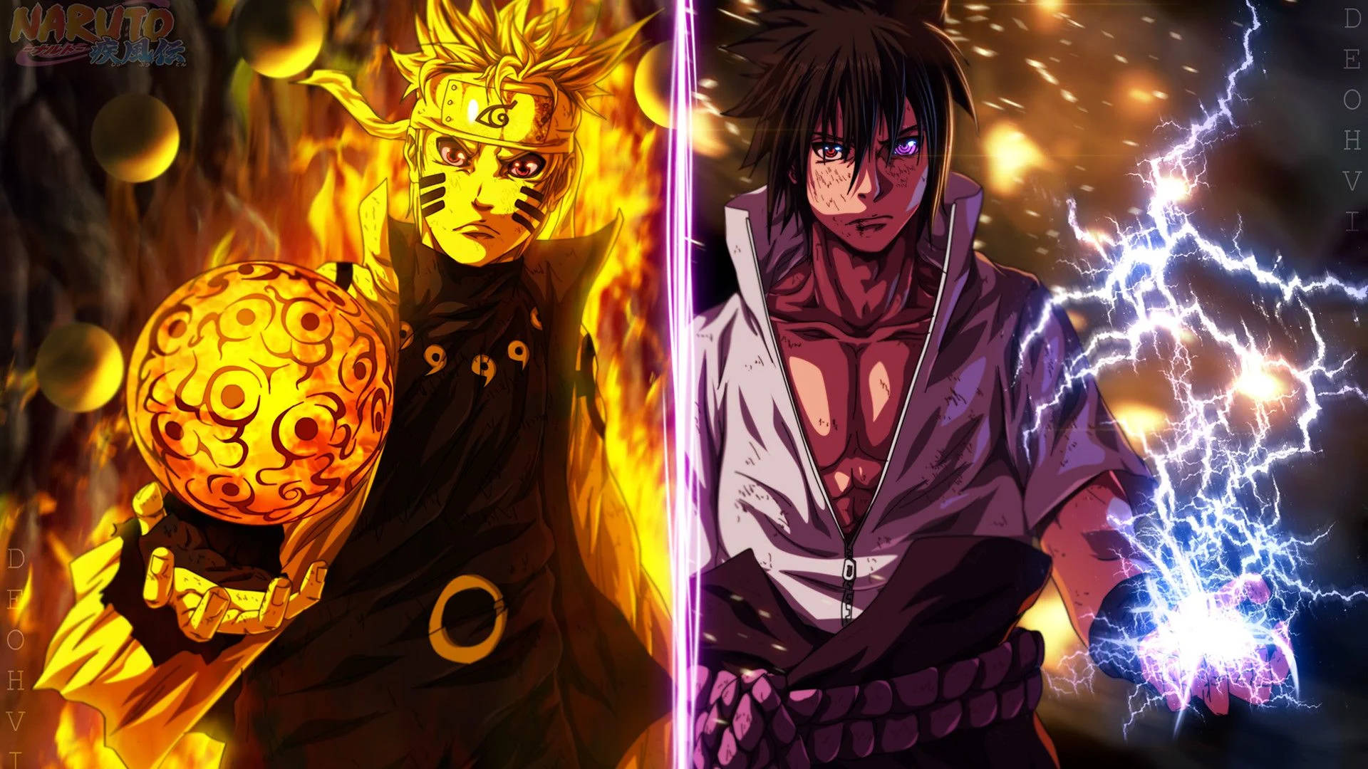 Naruto And Sasuke 桌布 壁紙 — 兩位動漫戰士對峙——一人揮舞著被火焰包圍的發光橙色球體，另一人在黑暗背景下引導噼啪作響的藍色閃電。