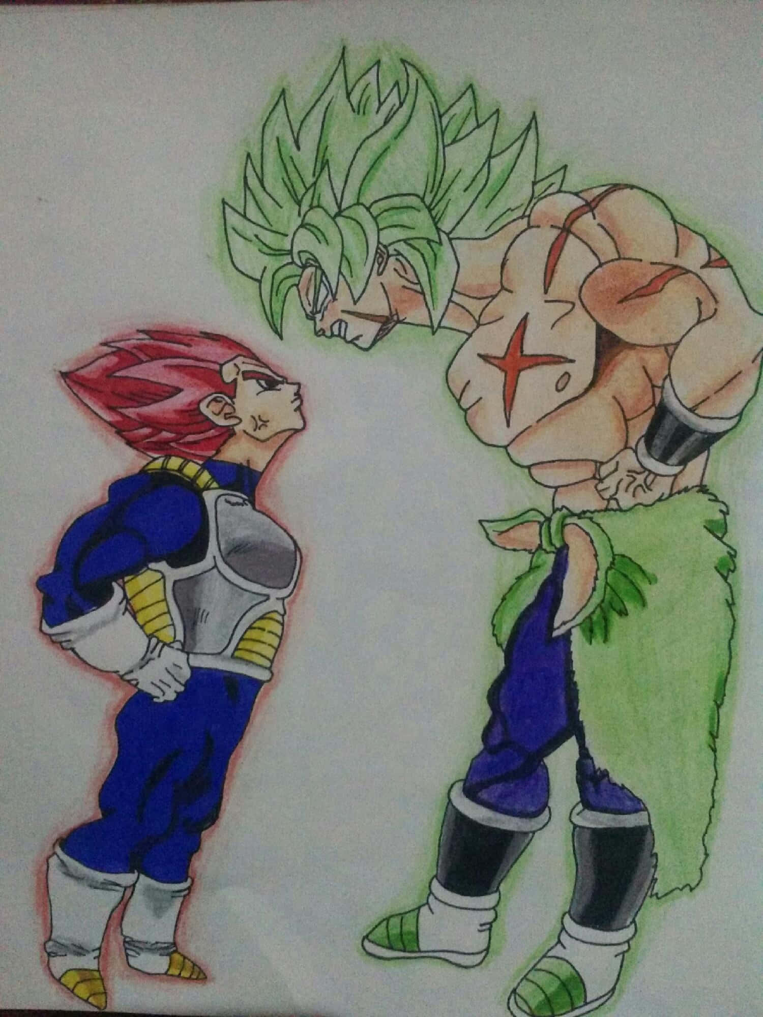 Vegeta And Broly 桌布 壁紙 — 兩位動漫戰士對峙，一位紅髮藍甲，另一位綠髮帶星形刺青。