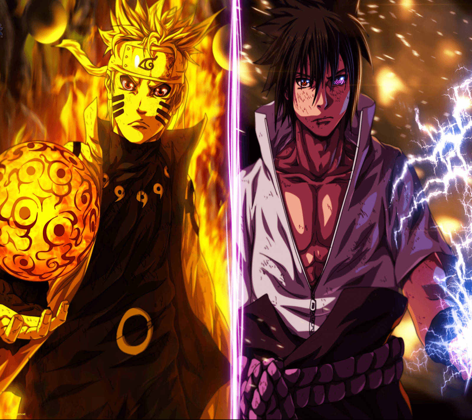 sasuke uchiha 桌布 壁紙 — 兩位動漫戰士對峙——一個被火焰查克拉吞噬，另一個噼啪作響的電力，被發光的刀刃分開。