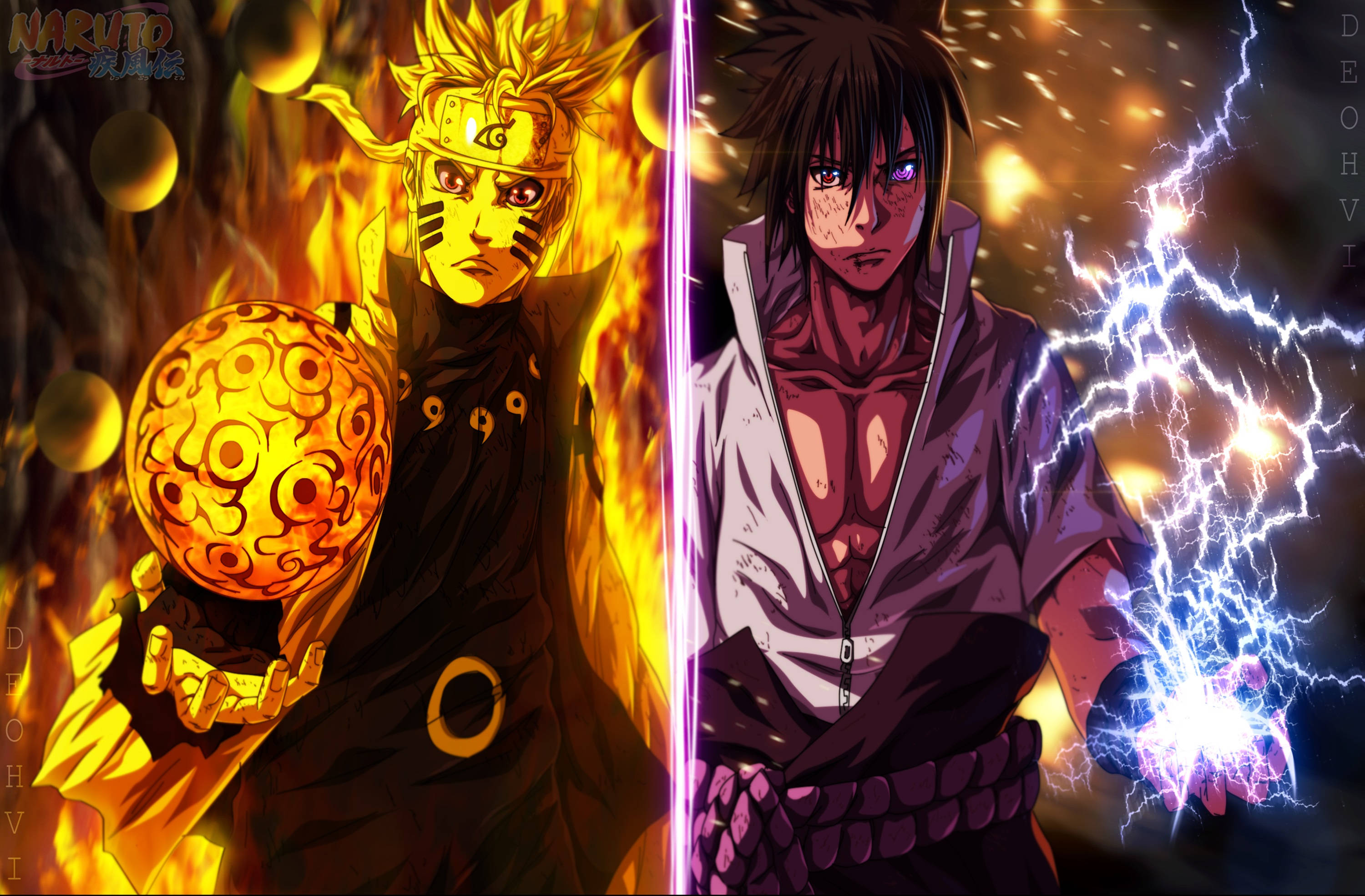Sasuke 桌布 壁紙 — 兩位動漫戰士對峙——一個被火焰查克拉吞噬，手持發光球體，另一個在黑暗背景下揮舞著噼啪作響的閃電。
