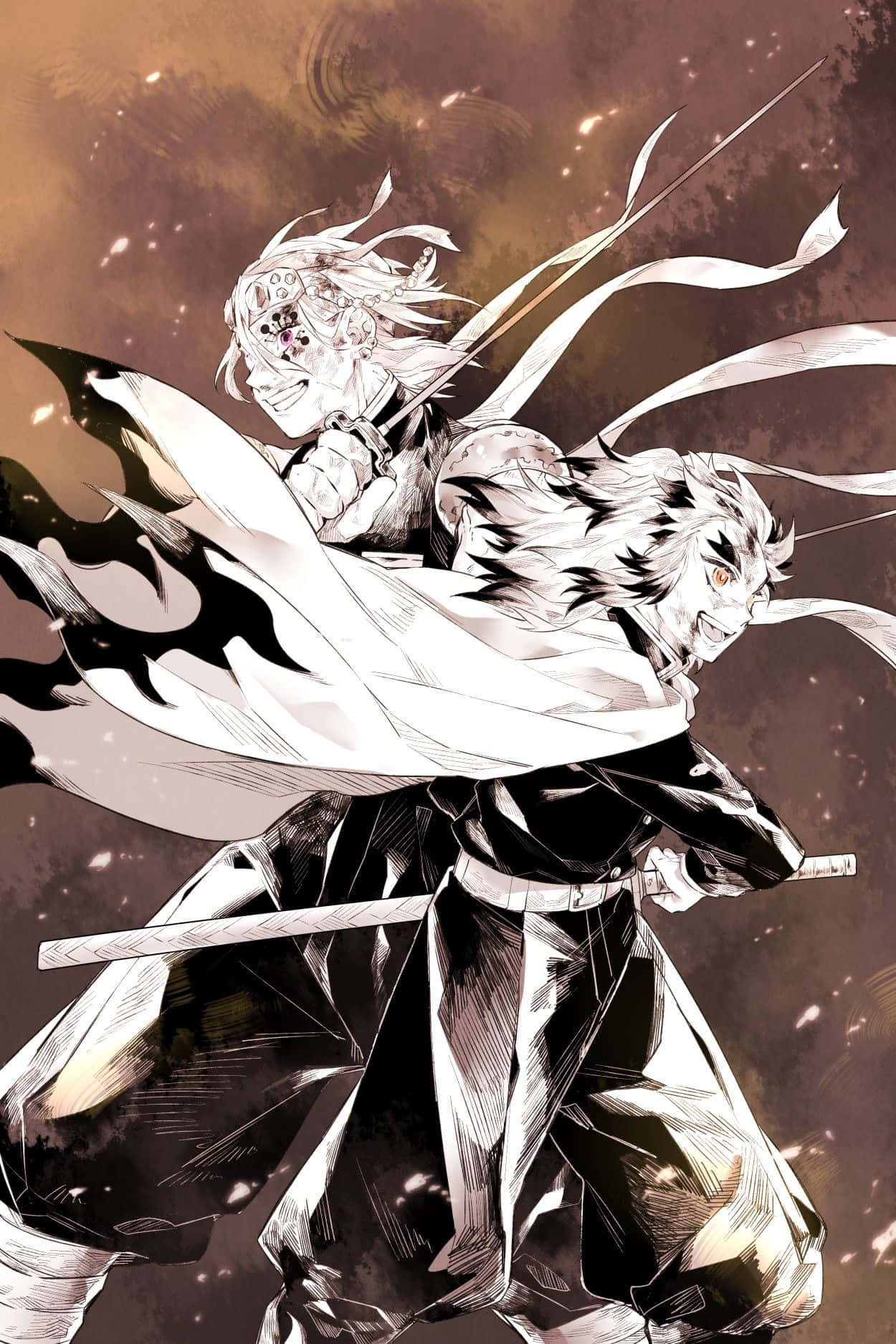 Rengoku And Tengen 桌布 壁紙 — 兩位動漫戰士拔劍以動態動作碰撞，背景是旋轉的棕色和金色宇宙背景。