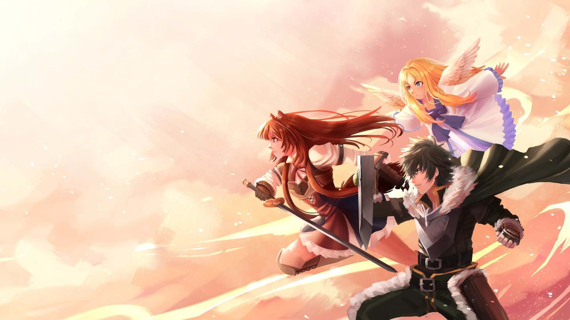 The Rising Of The Shield Hero 桌布 壁紙 — 兩位動漫戰士拔劍向前衝刺，背景是發光的粉紅色天空，一位有翼少女漂浮在他們身後。