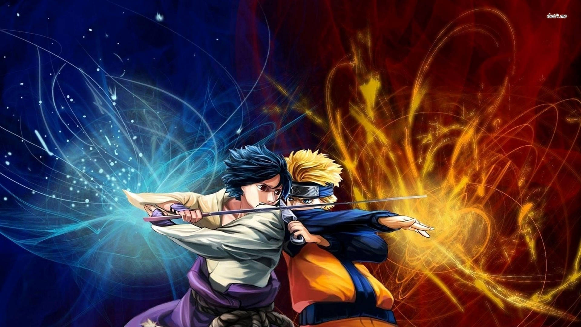 chidori 桌布 壁紙 — 兩位動漫戰士揮劍交鋒，藍色和紅色的能量漩渦在他們周圍爆炸，展開一場動態戰鬥。