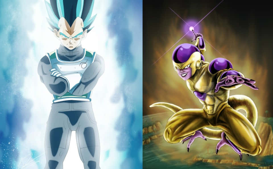 Vegeta And Frieza 桌布 壁紙 — 兩位動漫戰士擺好架勢準備戰鬥，一位散發藍色靈氣，另一位以金色形態揮舞能量。