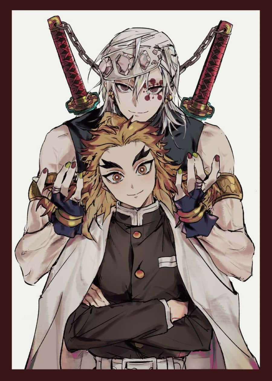 Rengoku And Tengen 桌布 壁紙 — 兩位動漫戰士擺姿勢，背上背著劍，一位白髮戴面具，另一位橙髮交叉雙臂。