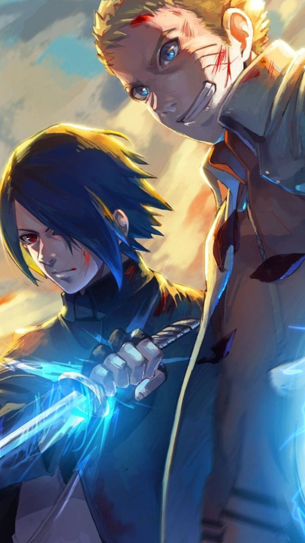 sasuke uchiha 桌布 壁紙 — 兩位動漫戰士滿臉鮮血，在金色天空下以發光的藍色查克拉刀刃展開激烈戰鬥。