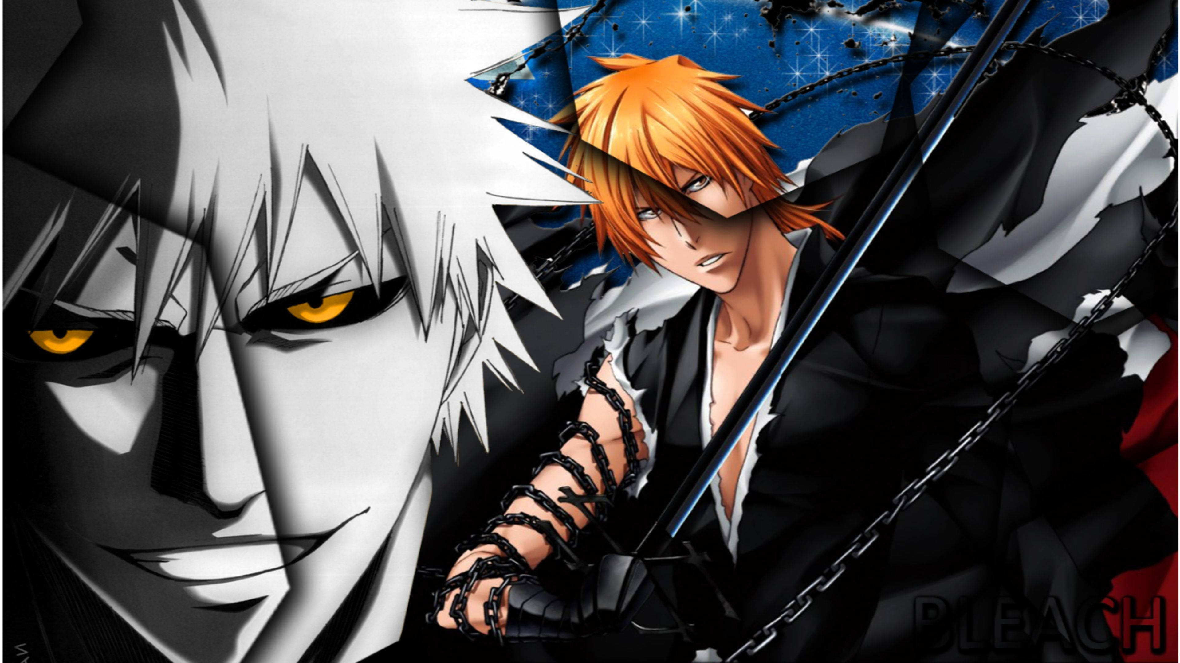 Bleach Anime 桌布 壁紙 — 兩位動漫戰士激烈交鋒，表情猙獰，一位白髮黃眼，另一位橙髮揮劍。