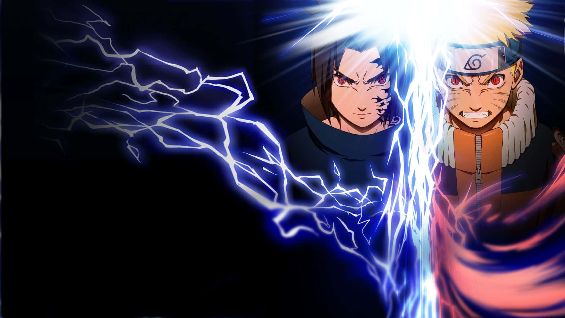 Ps4 Naruto 桌布 壁紙 — 兩位動漫戰士激烈碰撞，劈啪作響的藍色閃電劃破黑暗背景。