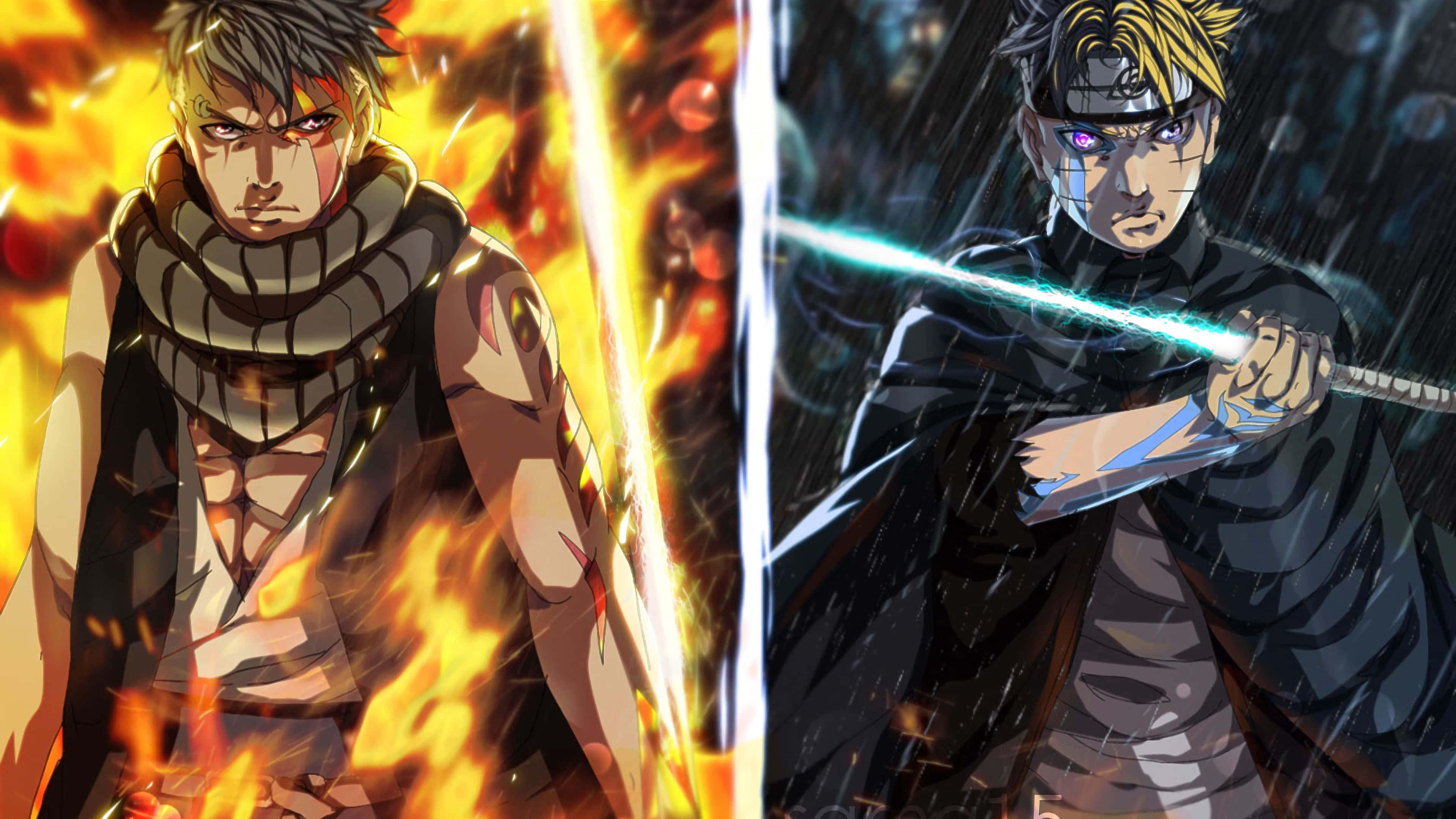 Boruto Vs Kawaki 桌布 壁紙 — 兩位動漫戰士碰撞——一個被火焰吞噬，另一個在暴風雨中揮舞閃電。