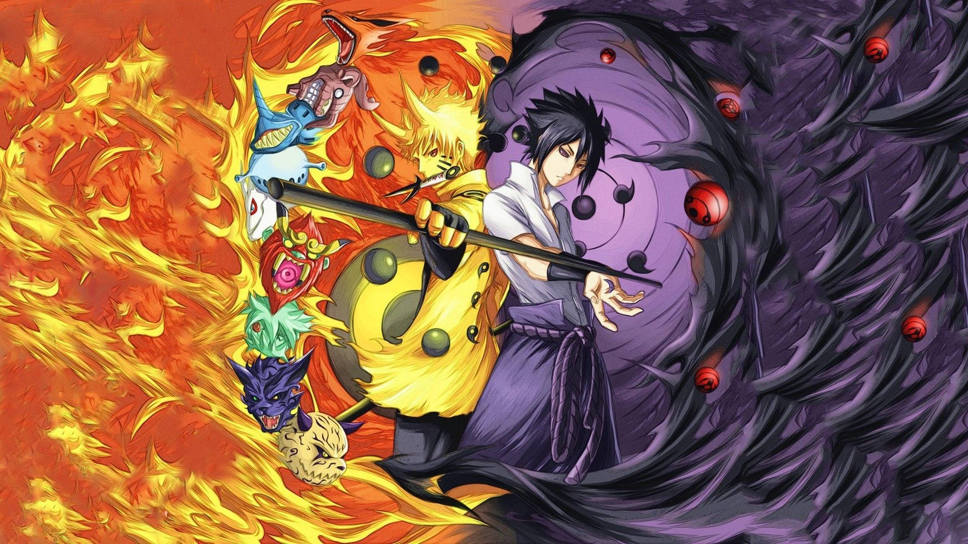 Naruto And Sasuke 桌布 壁紙 — 兩位動漫戰士碰撞—一個被熾熱的橙色查克拉吞噬，另一個被帶有紅色球體的深紫色查克拉包圍。