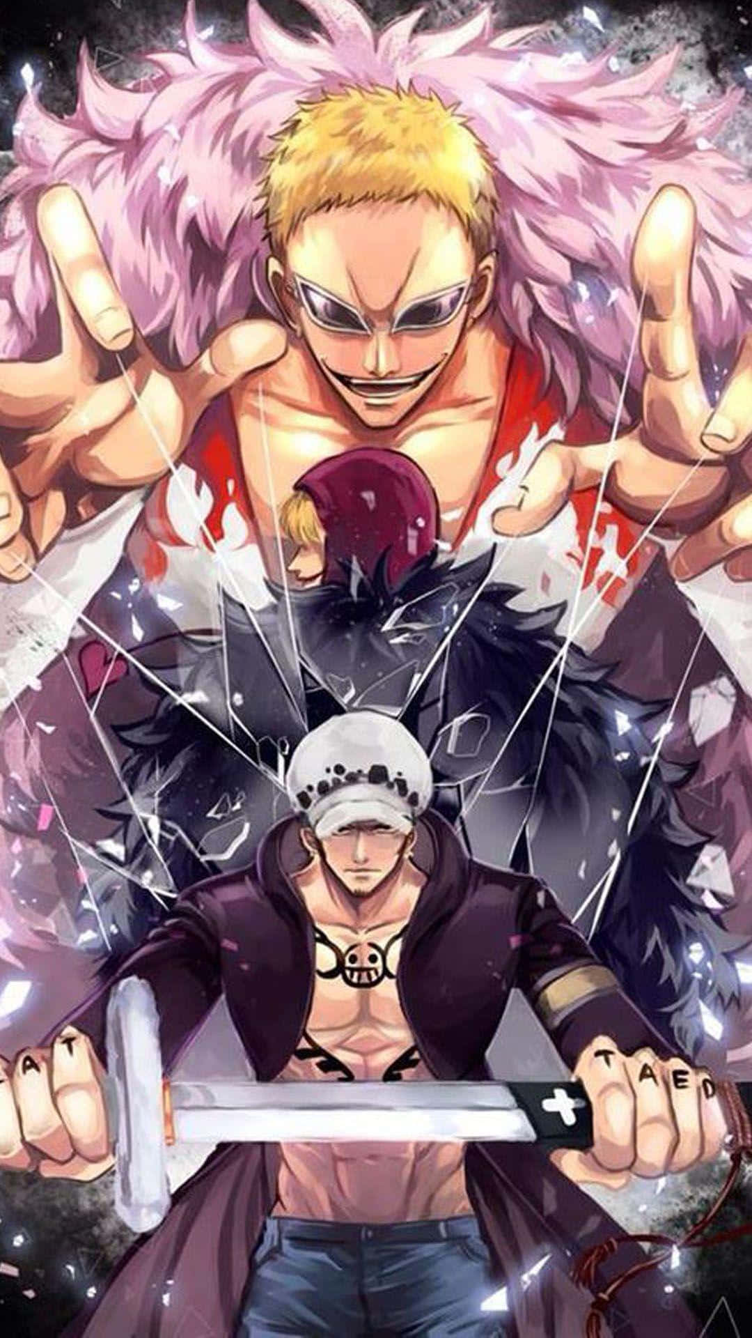 Donquixote Doflamingo 桌布 壁紙 — 兩位動漫戰士碰撞，伴隨著碎玻璃效果，一位有粉紅色頭髮和太陽眼鏡，另一位有骷髏紋身和劍。