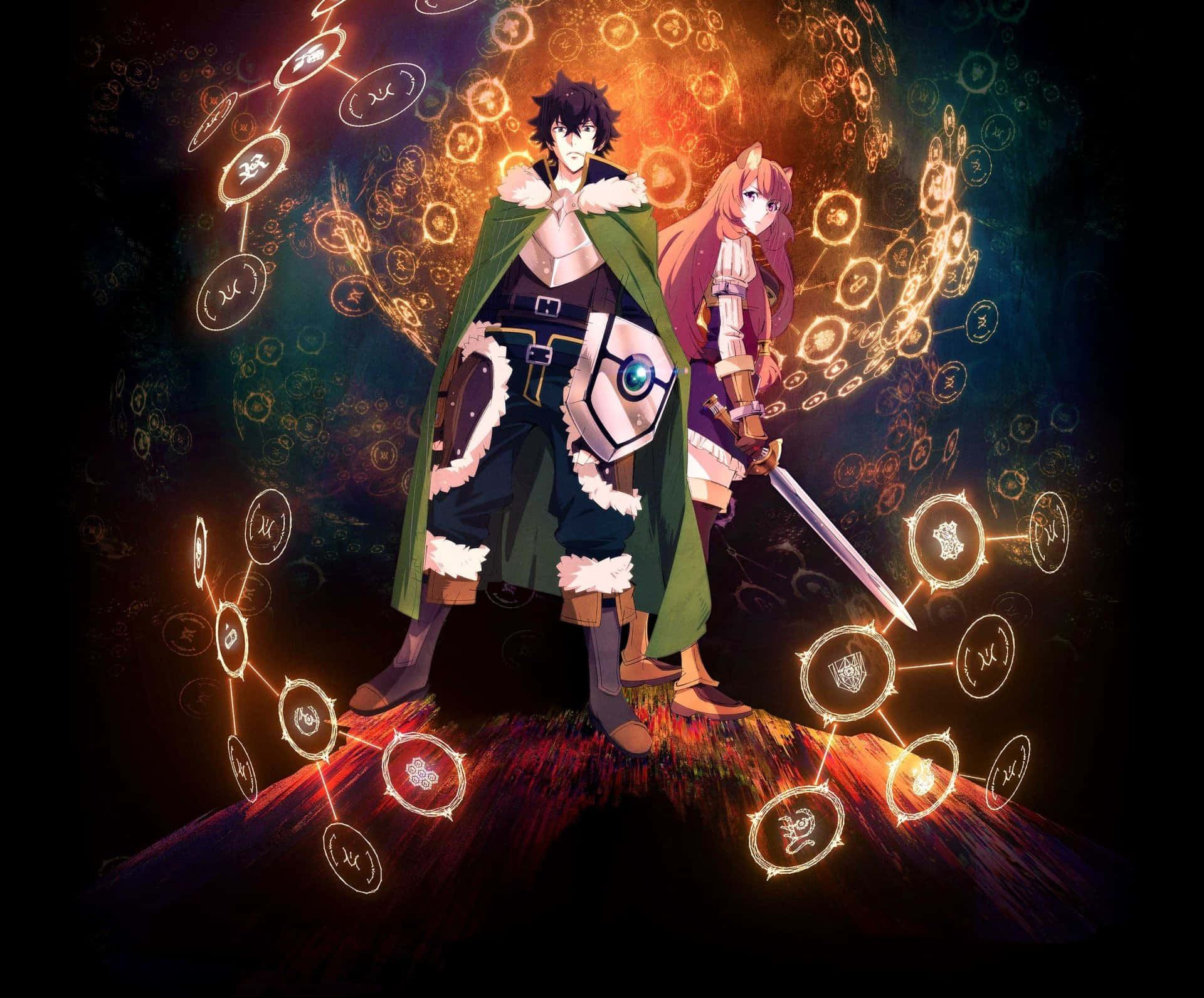 The Rising Of The Shield Hero 桌布 壁紙 — 兩位動漫戰士站在一個發光的紅色平台上，周圍漂浮著魔法符號，背景是黑暗的宇宙環境。