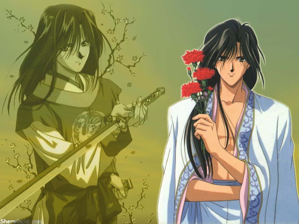 Fushigi Yuugi 桌布 壁紙 — 兩位動漫戰士站在寧靜的花園中，一人手持劍，另一人手持紅花，背景是柔和的綠色。