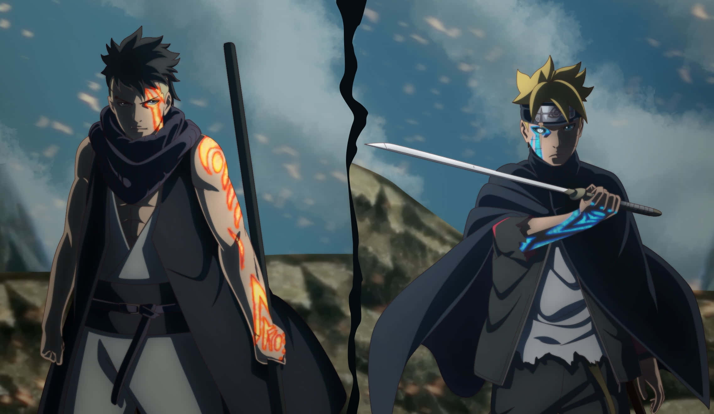 Boruto Vs Kawaki 桌布 壁紙 — 兩位動漫戰士站在岩石景觀中，一位帶有橙色查克拉標記，另一位帶有藍色，兩人都手持劍，背景是陰天。