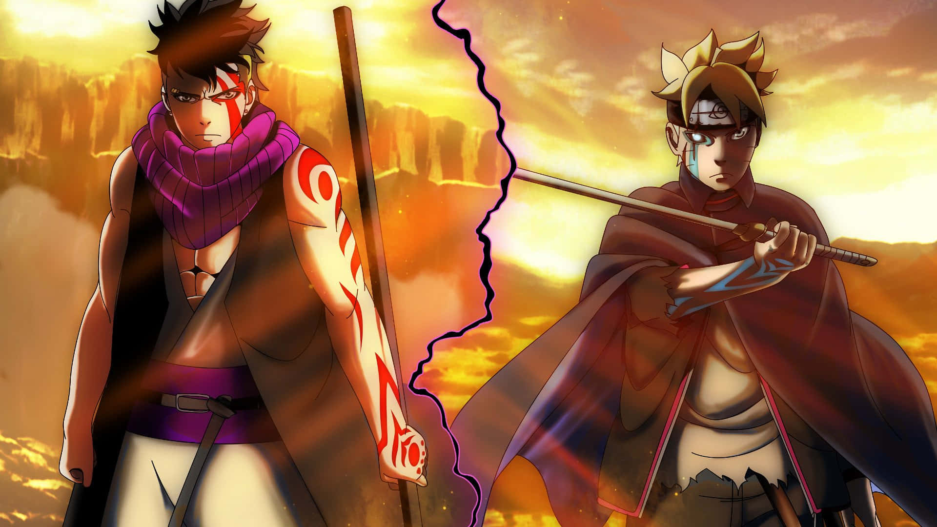 Boruto Vs Kawaki 桌布 壁紙 — 兩位動漫戰士站在熾熱的夕陽戰場上，被天空中鋸齒狀的裂縫分隔，處於緊張的對峙狀態。