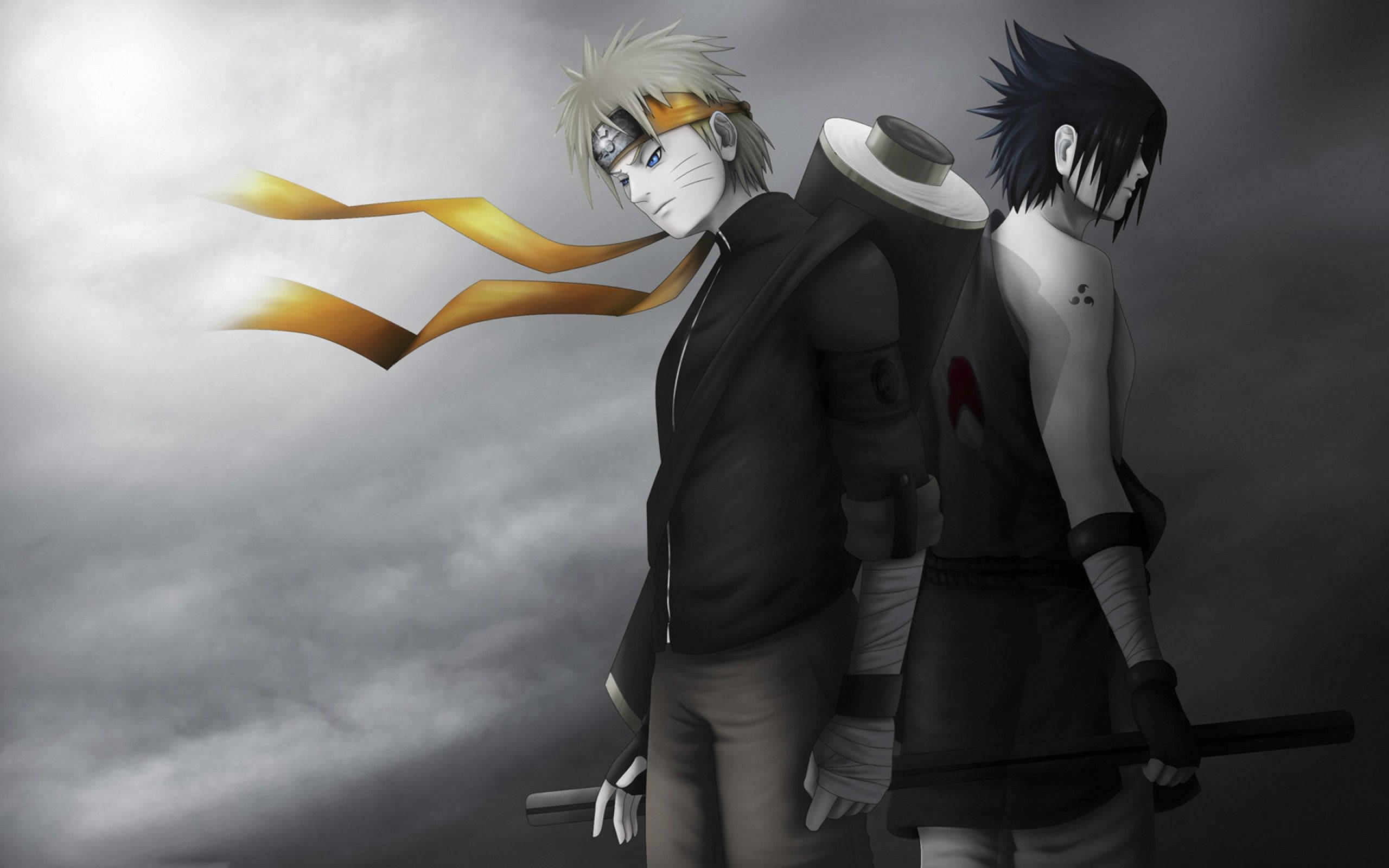 sasuke uchiha 桌布 壁紙 — 兩位動漫戰士背對背站立，背景是風暴般的灰色天空，一條鮮黃色絲帶在其中一人身後飄揚。