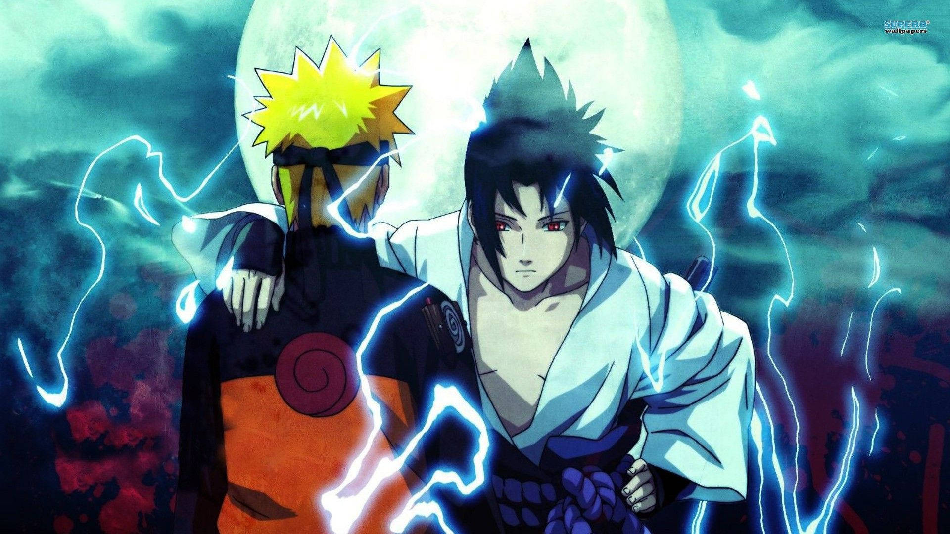 Naruto And Sasuke 桌布 壁紙 — 兩位動漫戰士背靠背站在發光的月亮下，周圍環繞著噼啪作響的藍色閃電。