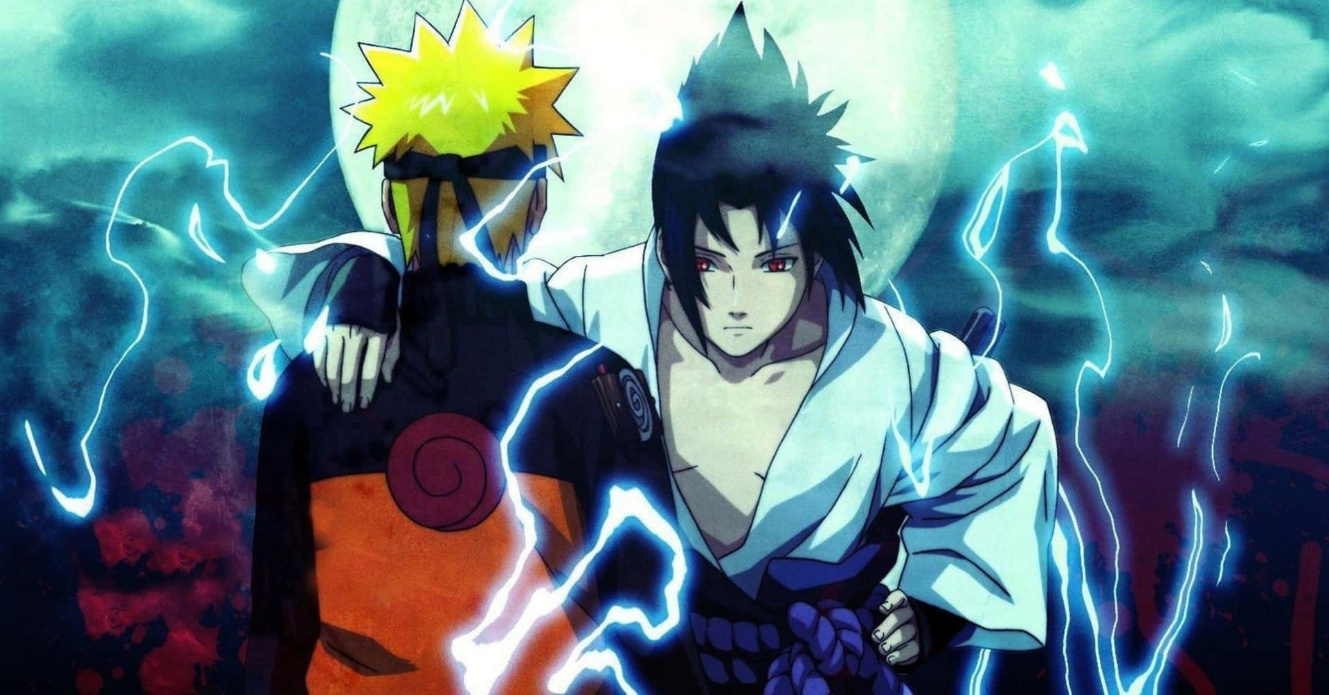 Ps4 Naruto 桌布 壁紙 — 兩位動漫戰士背靠背站立，被劈啪作響的藍色閃電包圍，背景是暴風雨中的月光天空。