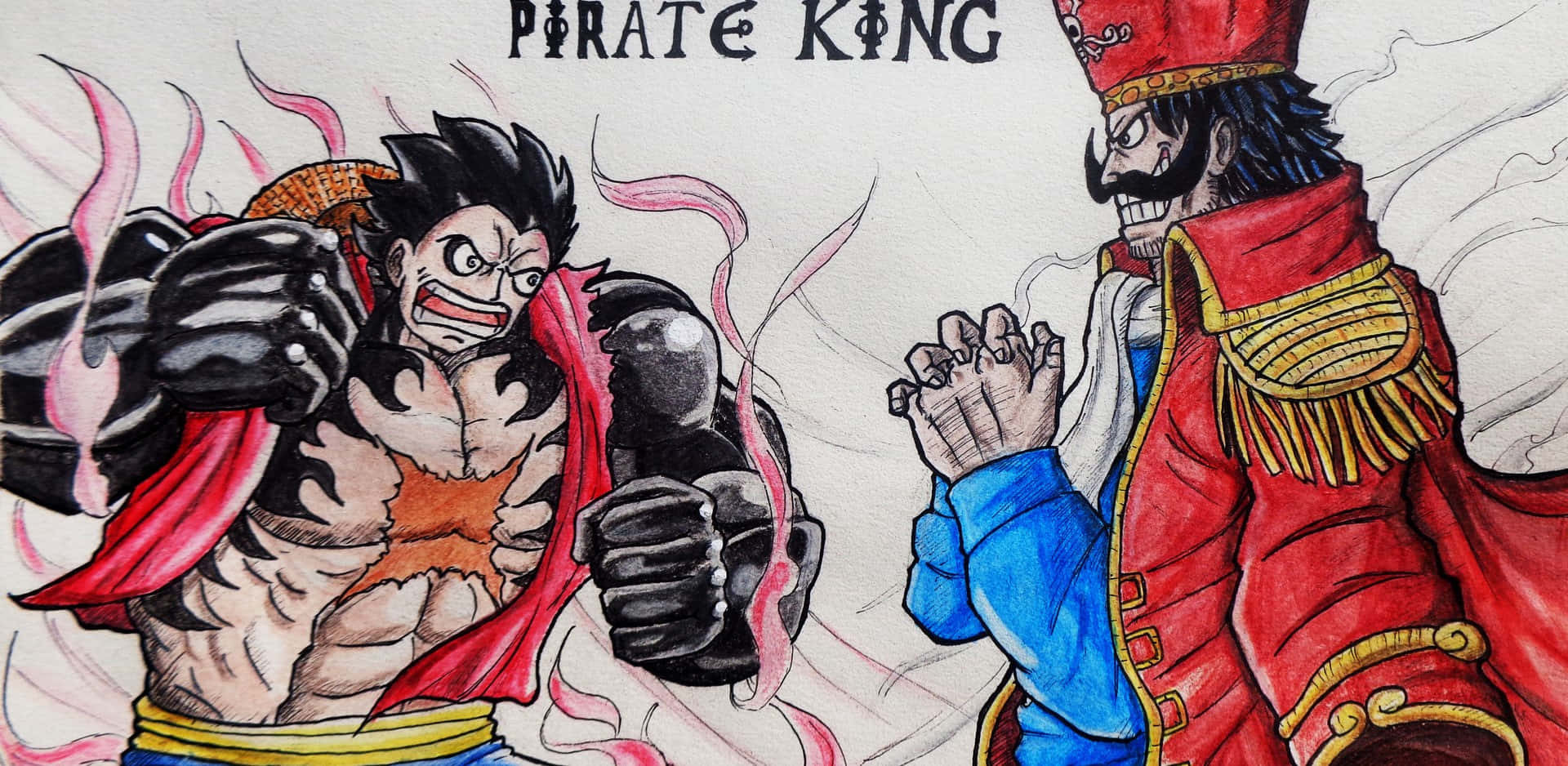 one piece art 桌布 壁紙 — 兩位動漫海盜在充滿蒸汽和激烈表情的火焰戰鬥中碰撞。