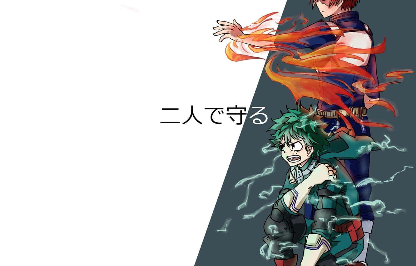 My Hero Academia Anime 桌布 壁紙 — 兩位動漫英雄，一位帶有火焰光環，另一位帶有電能，動態地站在分裂的背景前。