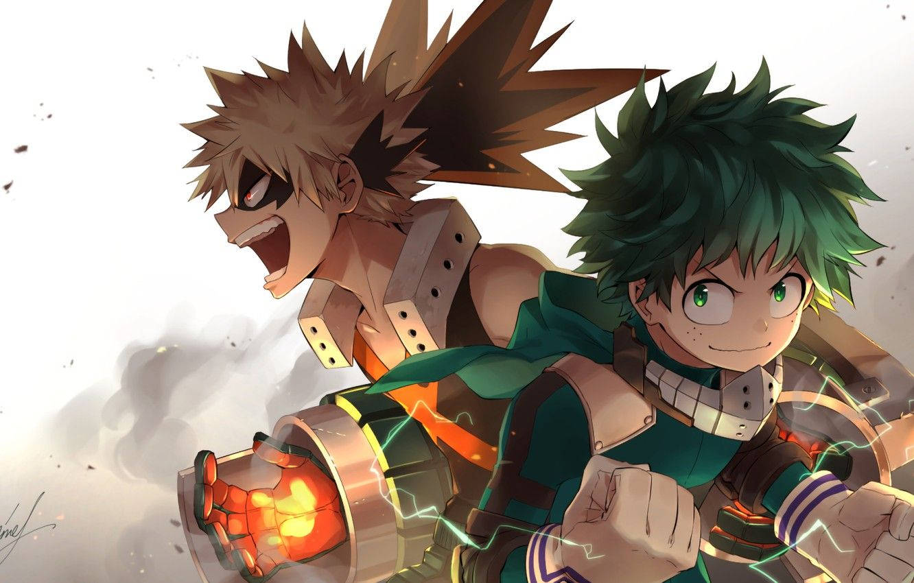 Todobakudeku 桌布 壁紙 — 兩位動漫英雄以動感十足的動作姿勢，閃耀的拳頭和堅定的表情，背景為煙霧繚繞的白色。