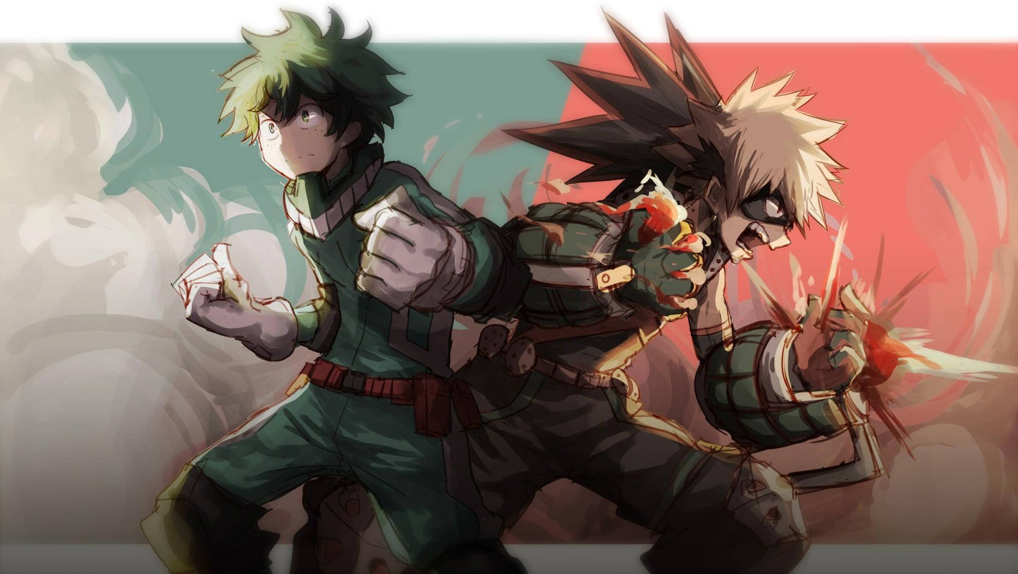 Deku X Todoroki X Bakugou 桌布 壁紙 — 兩位動漫英雄在動態動作中碰撞，身後有綠色和紅色的能量爆發。