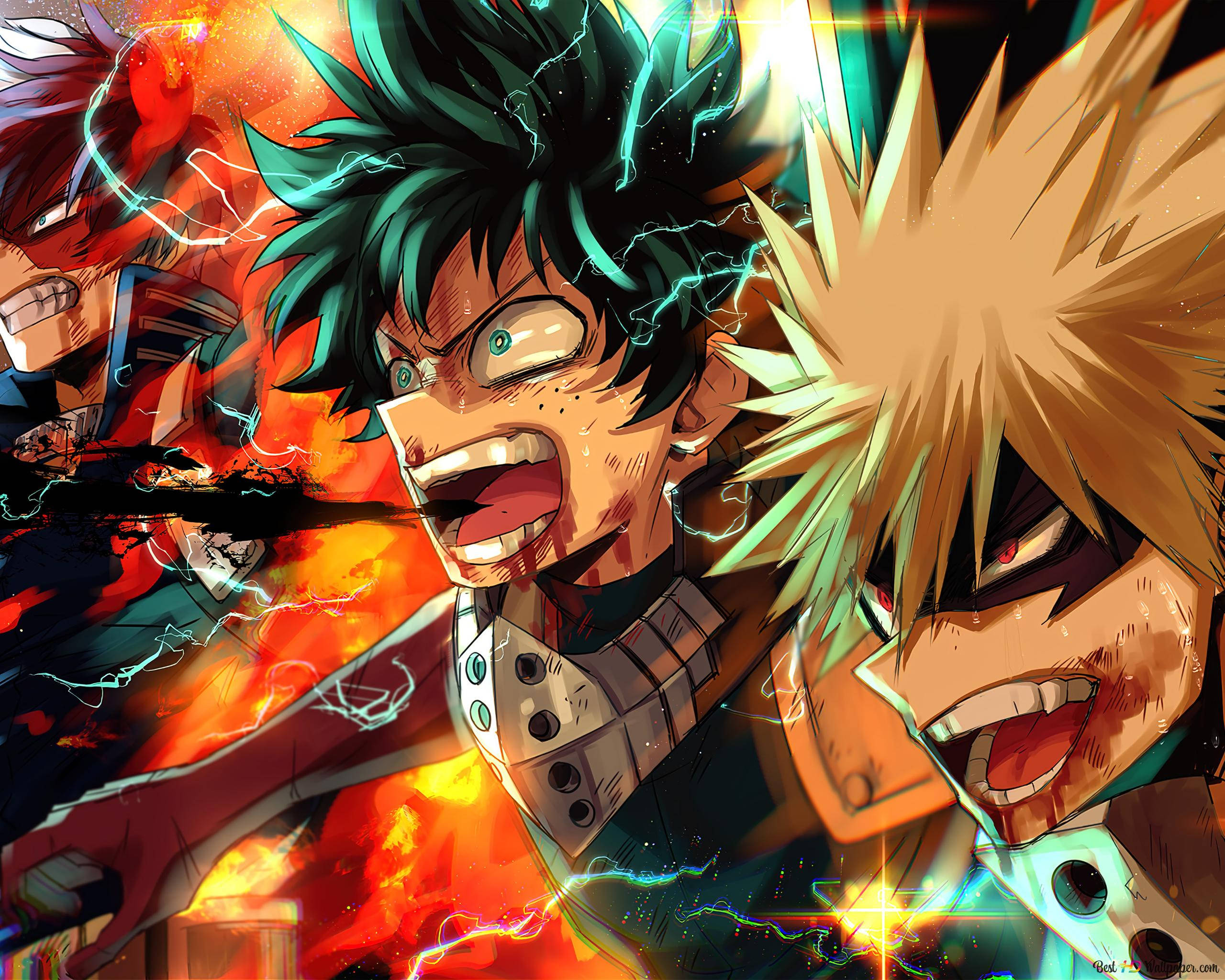 Deku X Todoroki X Bakugou 桌布 壁紙 — 兩位動漫英雄在火焰背景下戰鬥，周圍電光四射。