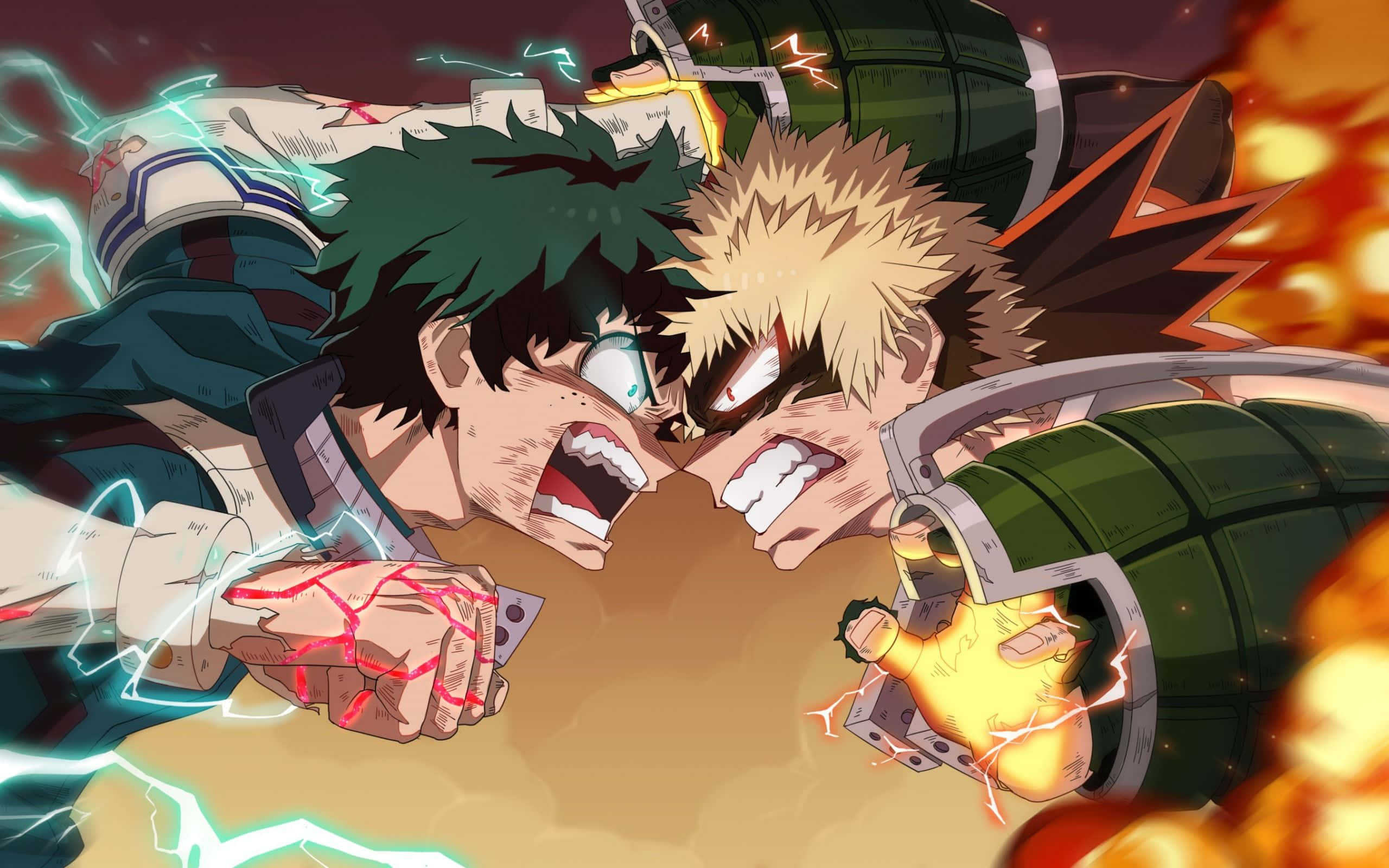 Bakugo 桌布 壁紙 — 兩位動漫英雄在熾熱的爆炸性戰鬥中拳頭相撞，周圍環繞著劈啪作響的能量效果。