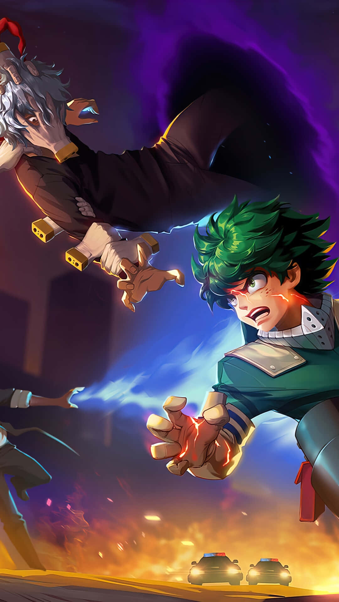 My Hero Academia Aesthetic 桌布 壁紙 — 兩位動漫英雄在燃燒的城市背景下，以發光的拳頭在半空中碰撞。