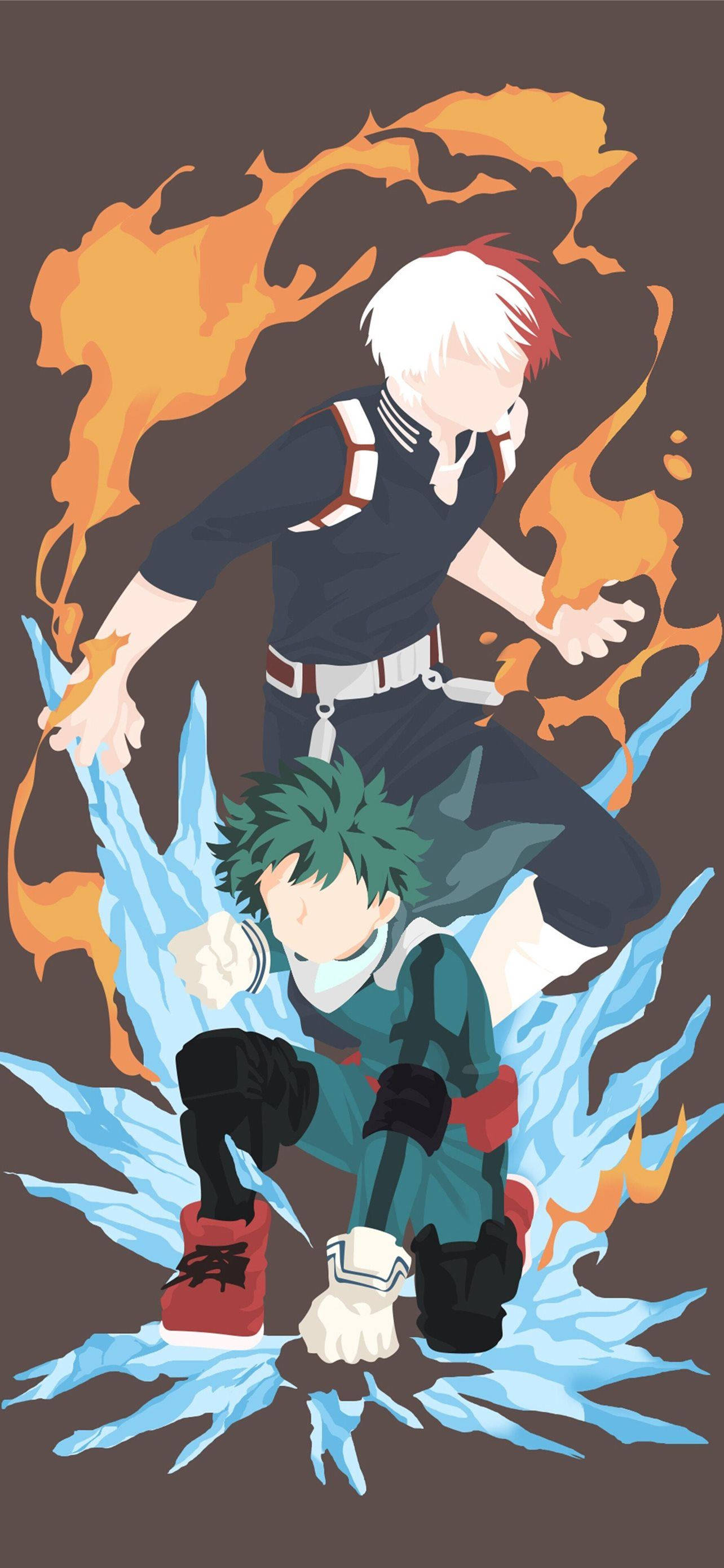 Todobakudeku 桌布 壁紙 — 兩位動漫英雄在黑暗背景中以火焰與冰霜能量交鋒。
