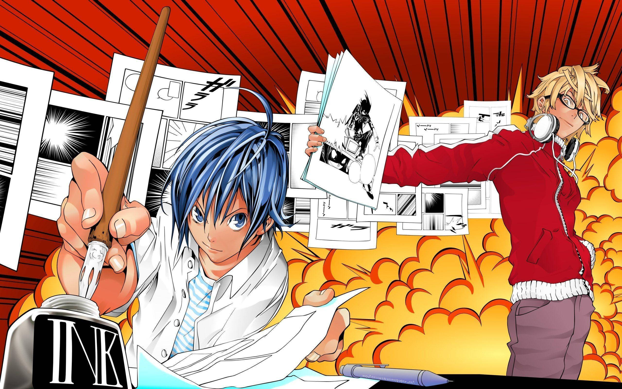 Bakuman 桌布 壁紙 — 兩位動漫藝術家在漫畫書頁和充滿活力的紅橙色背景爆發中，熱情地創作漫畫面板。