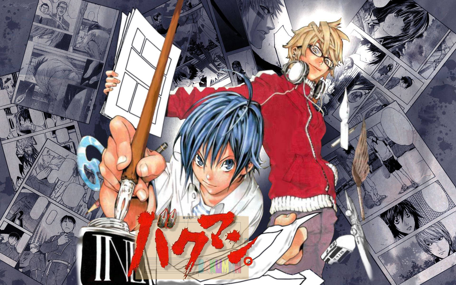 Bakuman 桌布 壁紙 — 兩位動漫藝術家被漫畫面板和藝術工具包圍，呈現動態創意爆發。