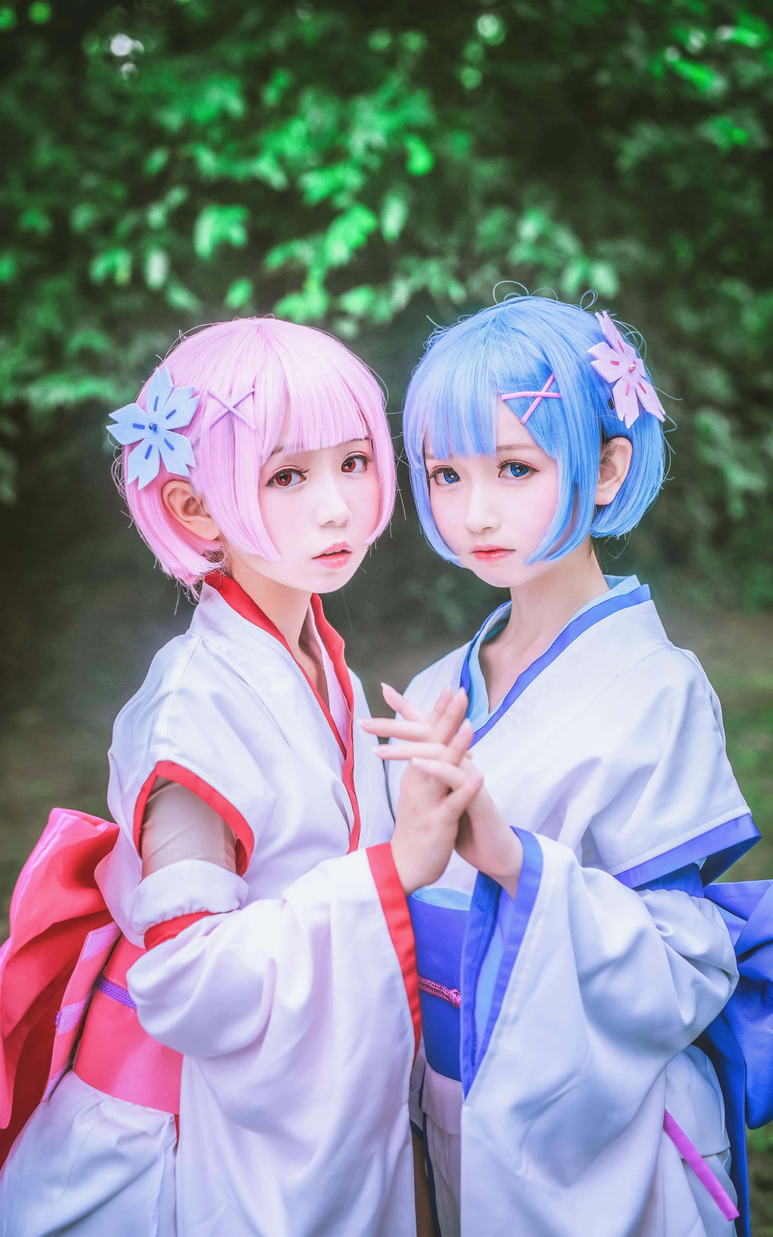 Cosplay Anime Kawaii 桌布 壁紙 — 兩位動漫角色扮演者戴著粉紅色和藍色波波頭假髮，身著傳統長袍，在茂密的綠色森林背景下緊密擺姿勢。