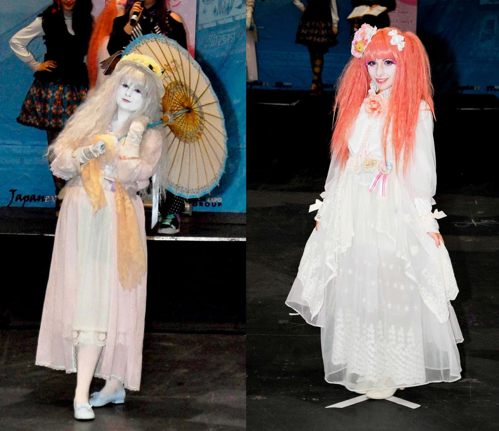 Harajuku Fashion 桌布 壁紙 — 兩位動漫角色扮演者穿著精緻的白色和粉彩服裝在舞台上擺姿勢，其中一人拿著裝飾性的陽傘。