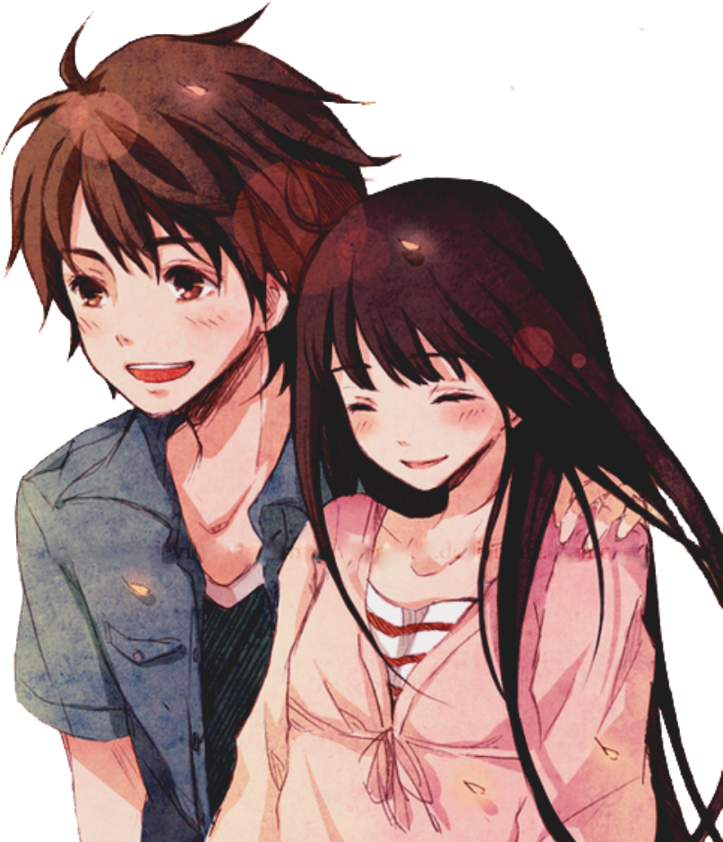 Love Couple 桌布 壁紙 — 兩位動漫青少年在深色背景上溫暖微笑，帶有柔和的水彩陰影和發光粒子。