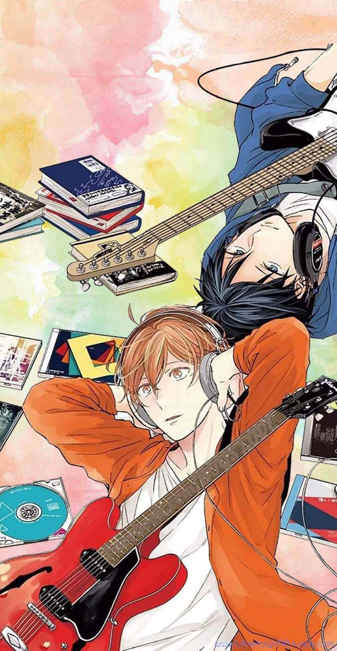 Cute Anime Boy 桌布 壁紙 — 兩位動漫音樂家，吉他與耳機，被書籍和CD環繞，背景為色彩繽紛的水彩畫。