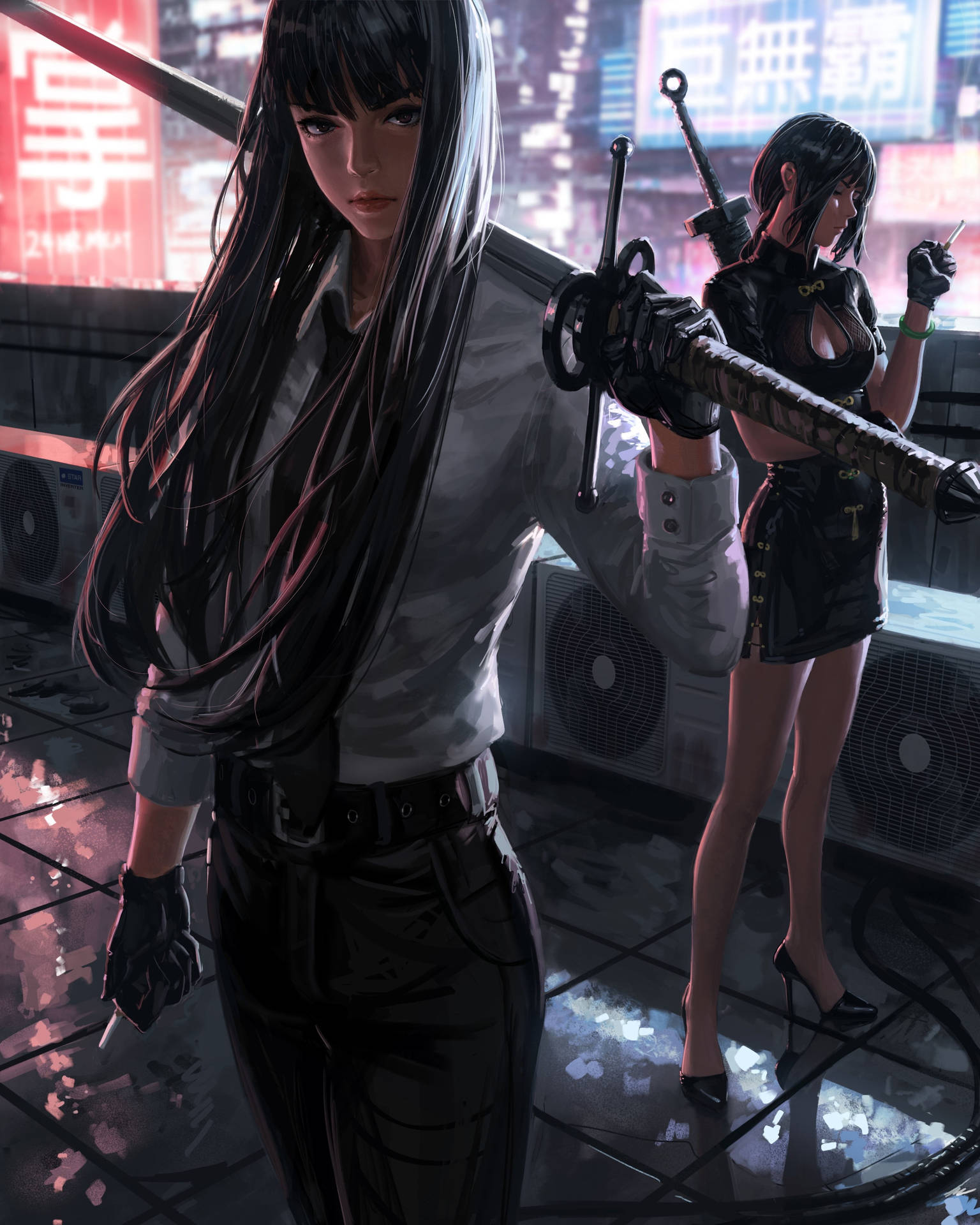 兩位動漫女性手持劍，在夜晚霓虹燈照亮的屋頂上。 — 武士動畫 壁紙