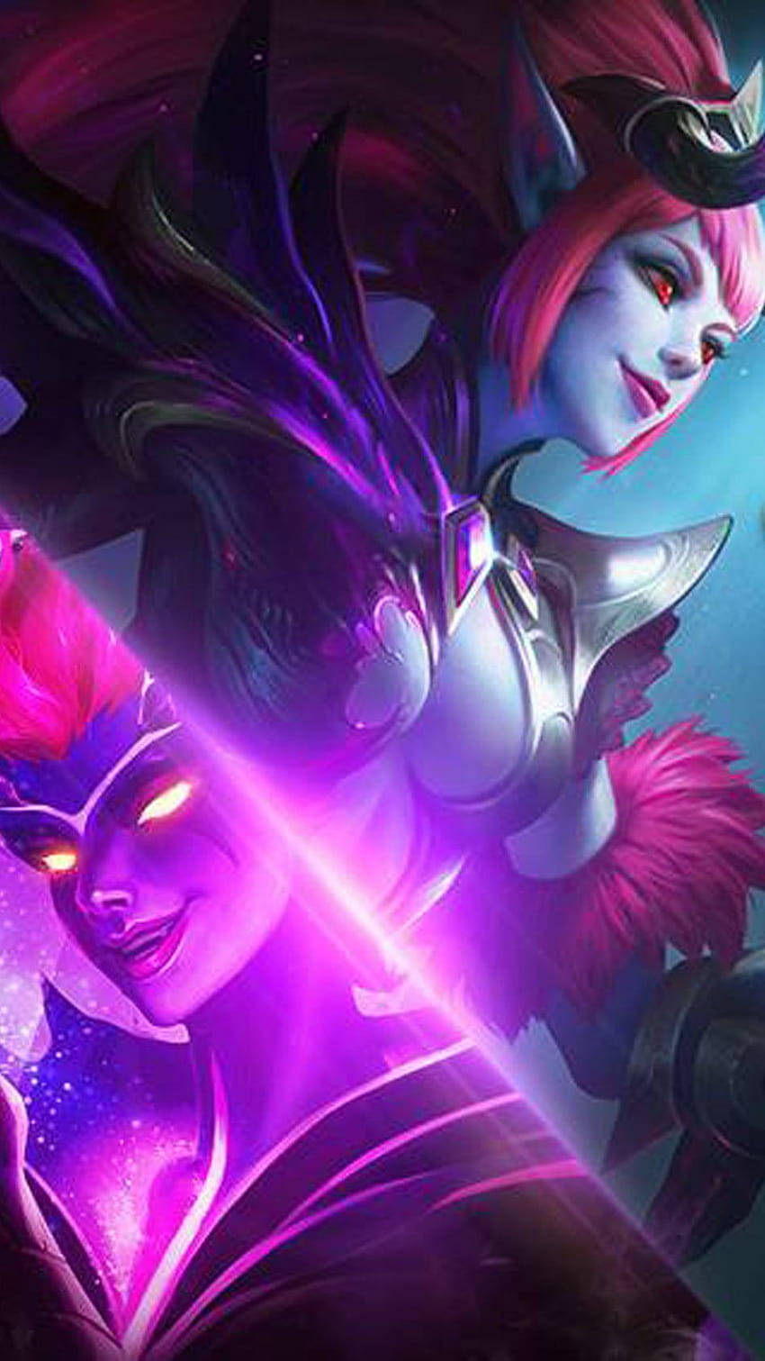 Mobile Legends 動態圖 桌布 壁紙 — 兩位動漫風格的女戰士，眼睛發光，手持紫色能量刃，在宇宙戰鬥場景中交鋒。