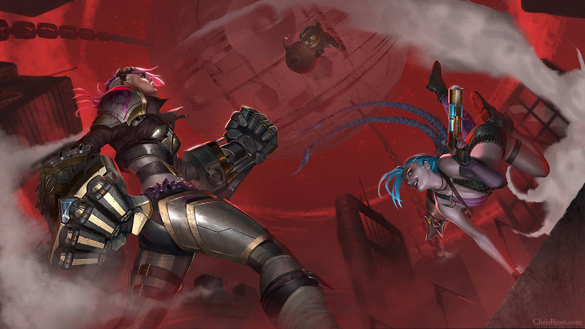 Legends 桌布 壁紙 — 兩位動漫風格的女戰士在紅色調的城市戰場上碰撞，煙霧和碎片在他們周圍旋轉。