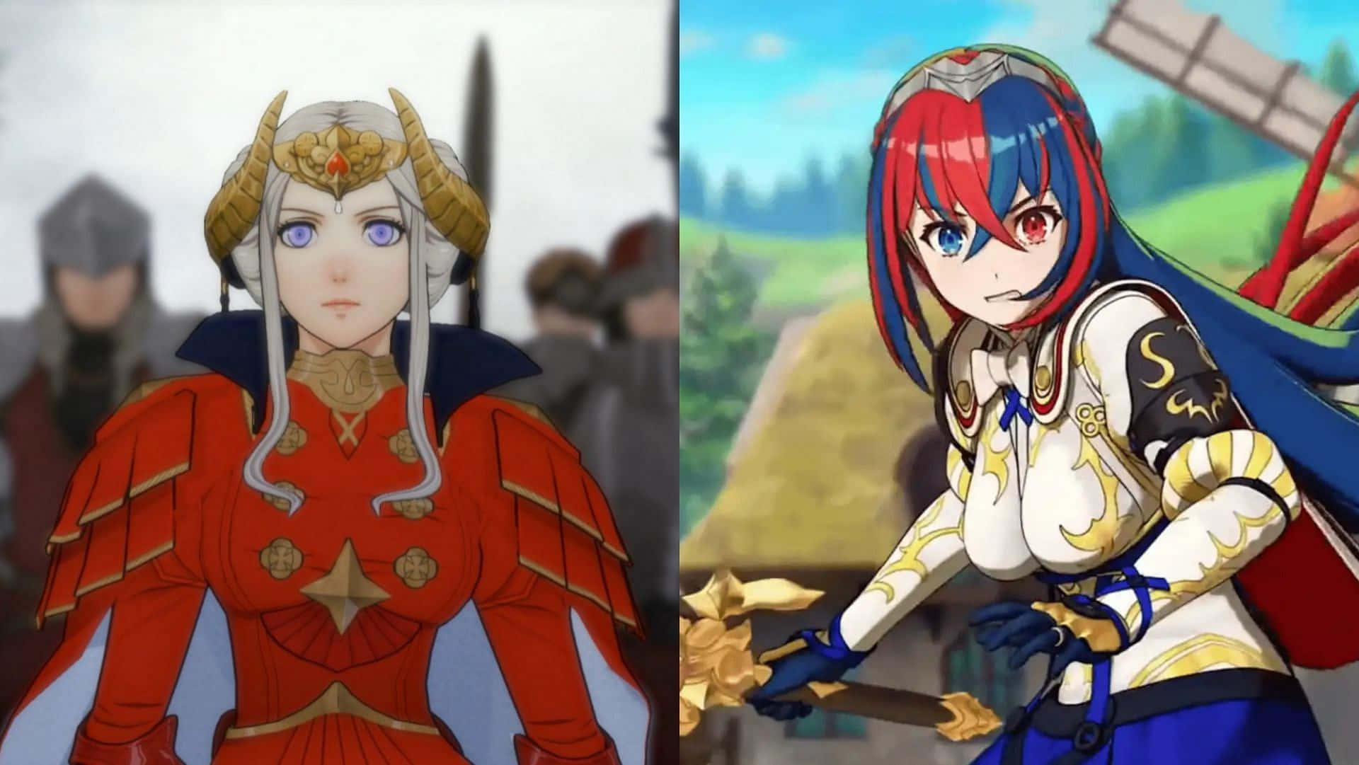 兩位動漫女戰士穿著奇幻盔甲手持劍 — Fire Emblem Warriors 壁紙
