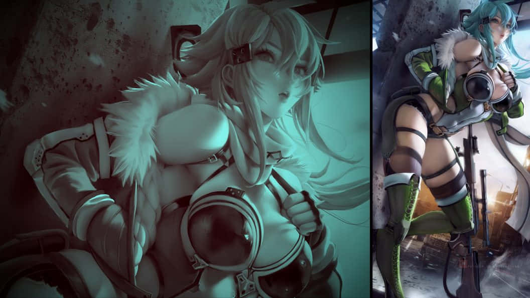 Sinon 桌布 壁紙 — 兩位動漫風格的女戰士身穿未來裝備，站在骯髒、霓虹燈照亮的城市廢墟中，帶有發光的青綠色和綠色點綴。