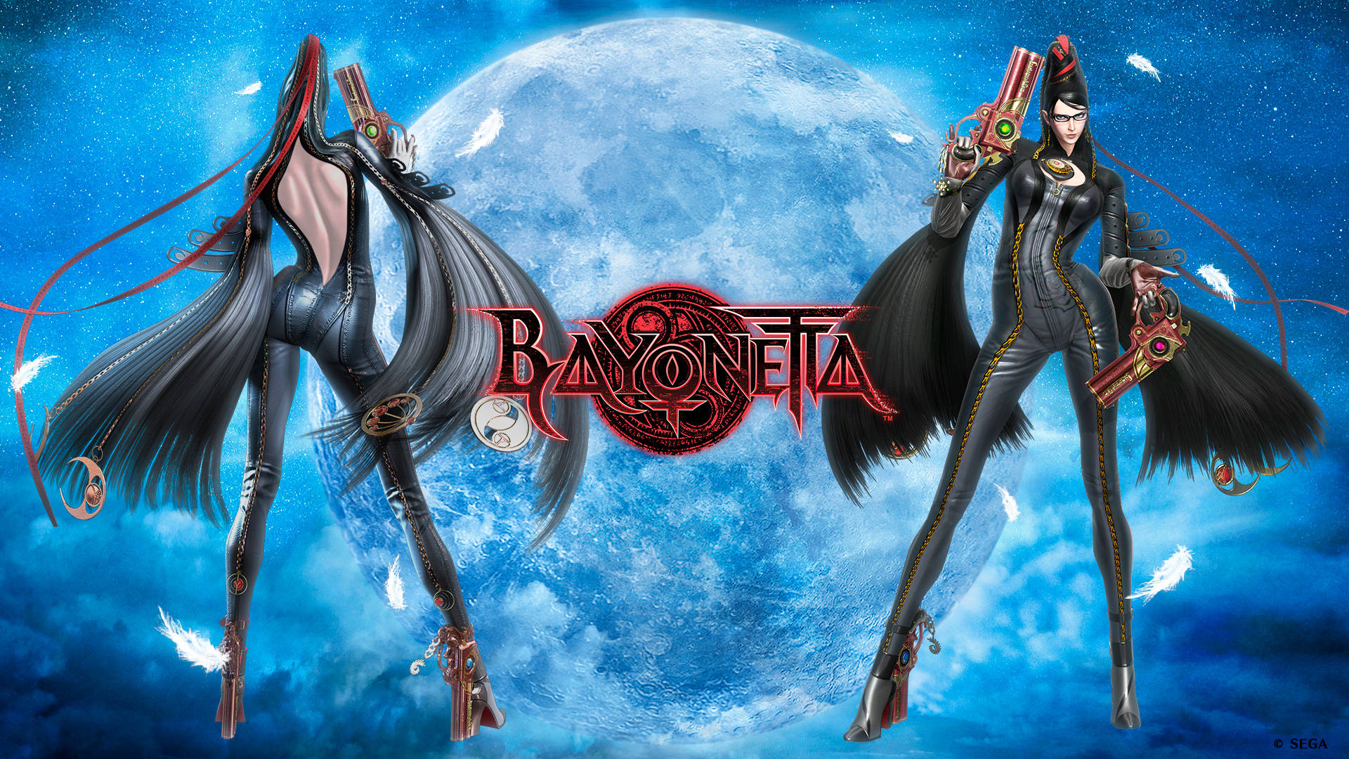 Bayonetta 桌布 壁紙 — 兩位動漫風格的女戰士身穿黑色皮革服裝，手持槍械，長髮飄逸，站在藍色月光照耀的天空下，背景有Bayonetta標誌。