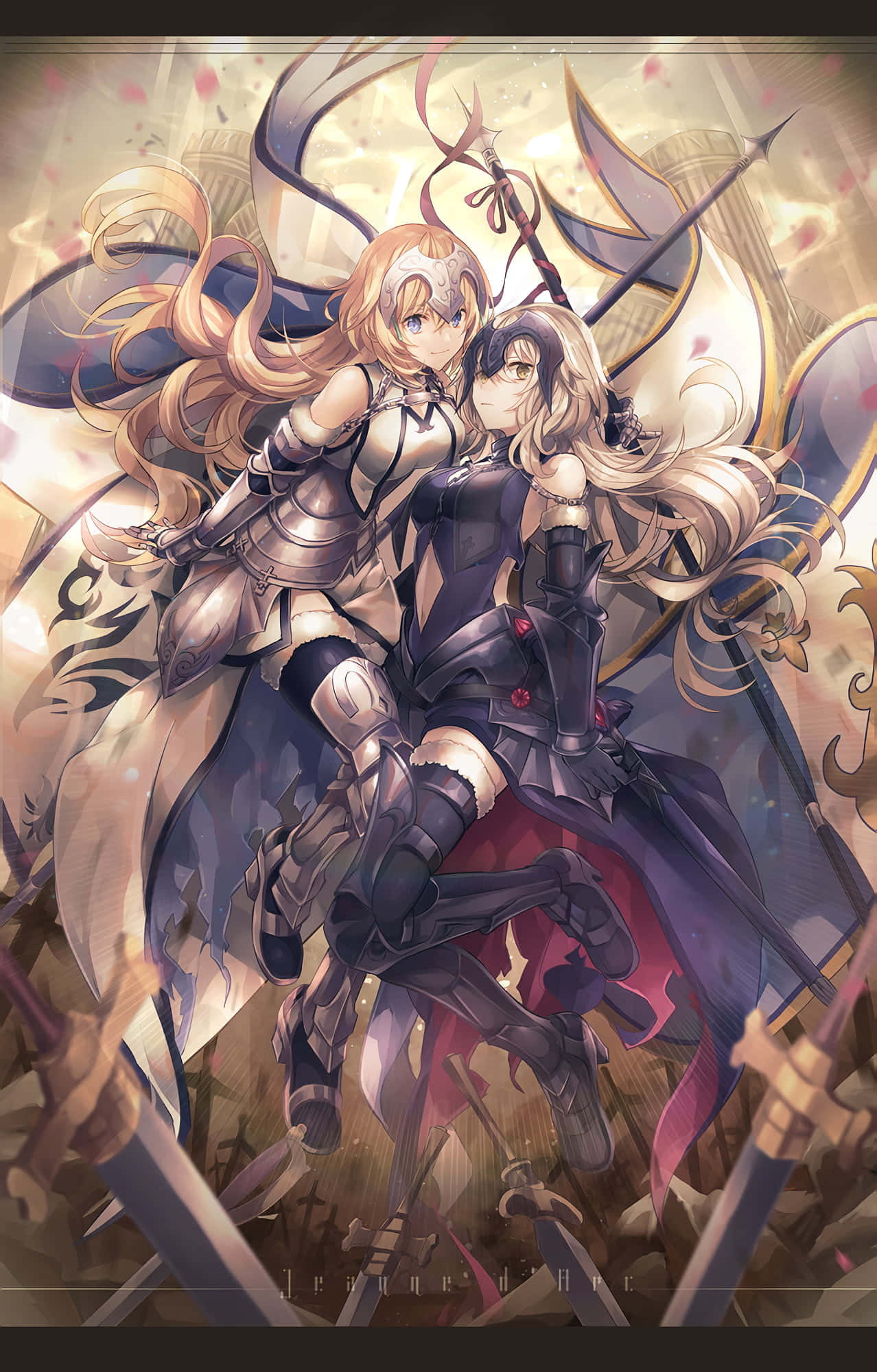 Fate/Grand Order 桌布 壁紙 — 兩位動漫風格的女戰士身著華麗盔甲，站在金色天空下，戰場上滿是斷劍和飄落的花瓣。