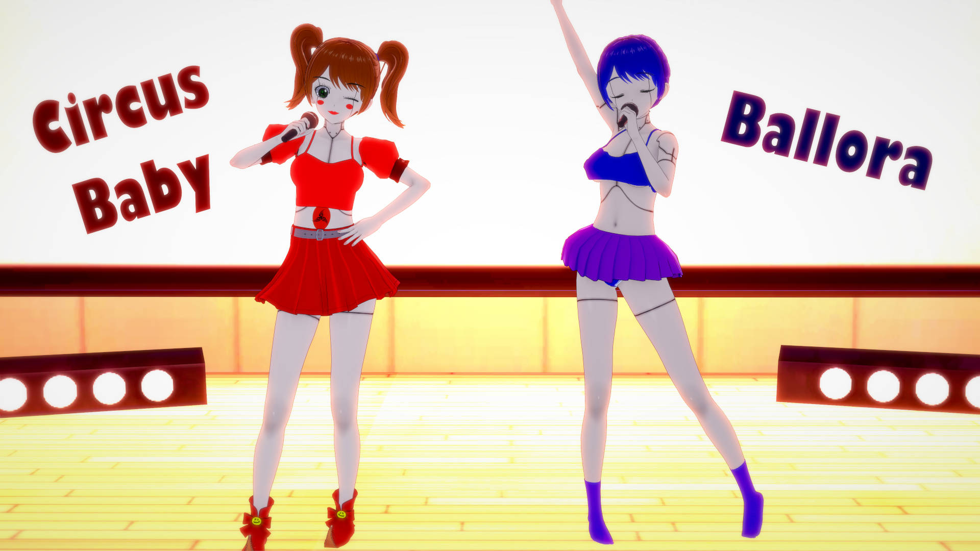 Circus 桌布 壁紙 — 兩位動漫風格的女表演者穿著紅色和藍色的舞台服裝，在明亮的聚光燈下對著麥克風唱歌。