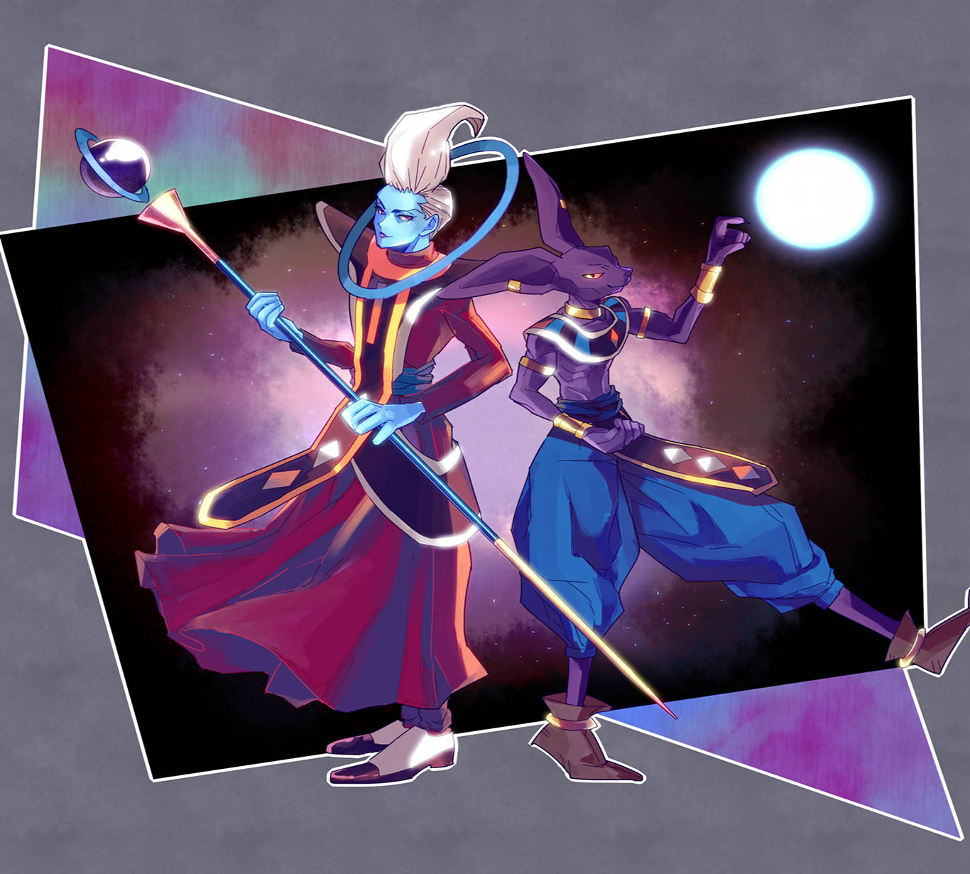 Beerus 桌布 壁紙 — 兩位動漫風格的宇宙戰士在繁星點點的夜空下蓄勢待發，背景有發光的月亮和行星。